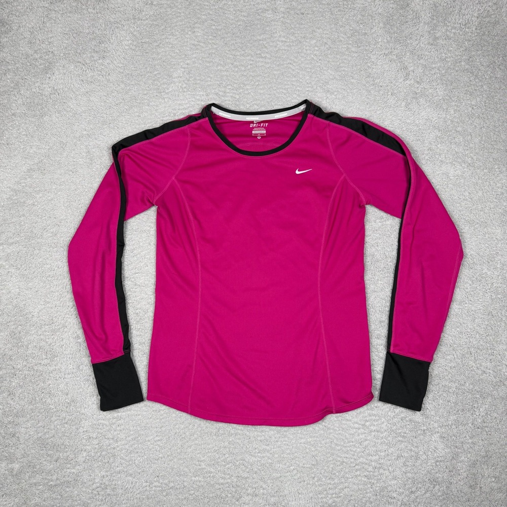 Nike Running Dri-FIT Long Sleeve Shirt Womens Medium Pink Black Mesh Back Top